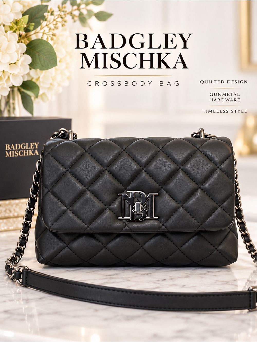 Badgley Mischka Black Quilted Crossbody Bag with Gunmetal Hardware. NWT